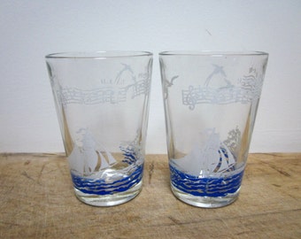 2 vintage french glasses, Antique glass, Verres, Lyrics, Boat, 1950, Mid century, France