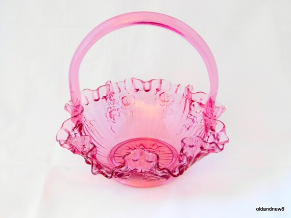 Fenton Pink Art Glass Basket With Handle Dark Rose by oldandnew8