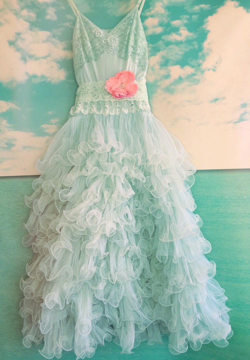 palest sea foam aqua ruffled tulle mermaid wedding dress by