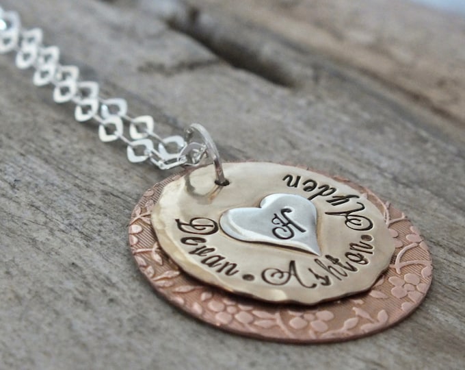 Mixed Metal Necklace - Hand Stamped Jewelry - flower pattern name necklace