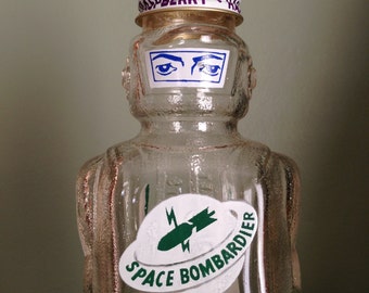 Vintage Galaxy Syrup Space Bombardier Glass Figural Bottle Circa 1950s Old Collectible Bank Planets Atomic Man Saturn Solar System Decor