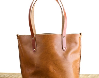 Handmade Leather Tote Bag // Horween leather in Natural Dublin // Brown leather Bag // Rustic Style handbag