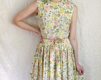 vintage 1950s pastel floral pleated dress