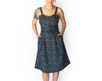 SALE, Floral dress for women, Blue summer dress, Cotton sundress with pockets, fitted dress, party dress, midi dress, cotton dress, sundress