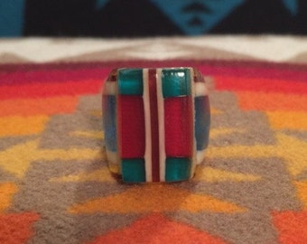 Vintage Celluloid Bakelite Folk Art Prison Ring by Bob Dodd (Size 6-1/2)