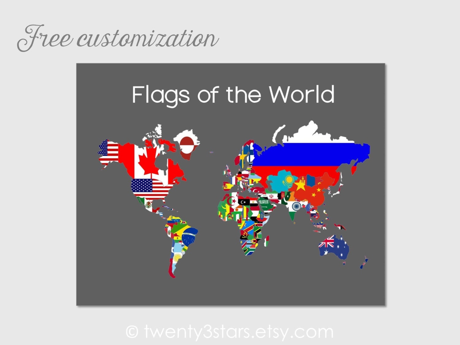 flags of the world map art canvas or print choose by