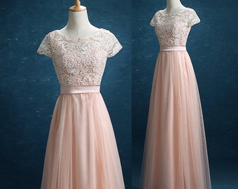 Long Bridesmaid Dress Blush,Blush Lace Tulle Wedding Dress,Tulle Formal Dress, Blush Tulle Party Dress Floor Length