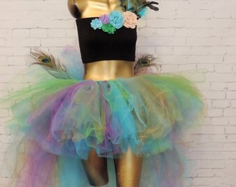 Adult peacock costume tutu, high low tutu, fantasy tutu, peacock tutu halloween costume for women purple green blue gold tutu