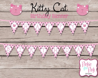 INSTANT Download Kitty Cat Happy Birthday Pennant Banner- Kitten Cat Meow Digital File Download
