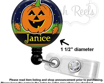 Halloween Badge Reel - Pumpkin Badge Reel - Jack O' Lantern Badge Holder - Badge Reel, Stethoscope ID Tag, Carabiner or Lanyard - 1433