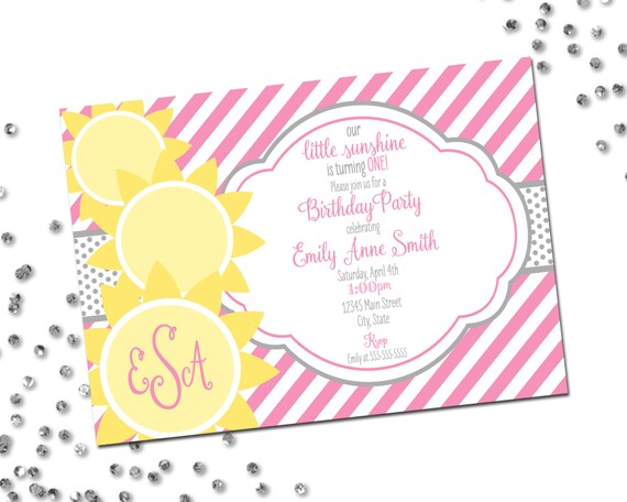 Sunshine Birthday Party Invitation with Monogram - Our Little Sunshine - First Birthday - Stripes and Suns - Yellow Grey Pink - Printable Il_570xn