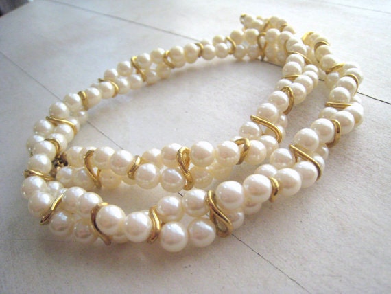 Vintage Trifari Faux Pearl Necklace Double Strand Gold Tone