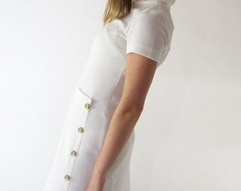 Vintage 1950s White High Collar Dress Gold Buttons Wiggle Dress Party Dress Roos Atkins California S/M