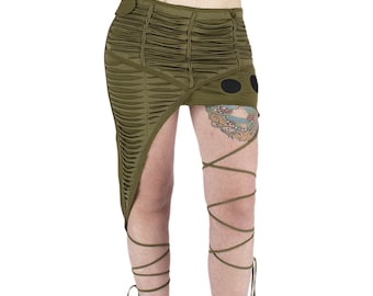 Psywear slashed gray kaki, asymetrical cut braided cord on leg, post apocalypse, Mad Max, Burining Man, festival, Alternative, tribal