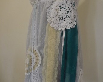 Pretty white broderie anglais dress, Alice in Wonderland style, upcycled, recycled with lace doillies, ribbons and lace