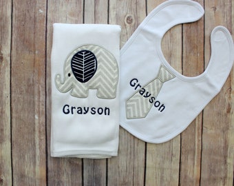 Baby Boy Elephant Burp Cloth Set - Monogrammed Elephant Burp Cloth and tie Bib - Chevron Elephant Baby Gift - Personalized Baby Boy Gift