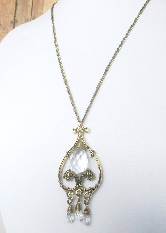 Crystal Drop Necklace Gold Ornate Necklace by AllSevenSisters