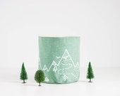 Mint canvas Basket, Green fabric storage, Fabric container, Fabric planter, Screen printed "Mountains" design