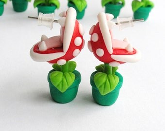 Super Mario Bros Earrings Stud Piranha Plant Yoshi Nintendo Red/Green HandMade Polymer Clay 3D Geek Video Game Gift her Woman Hipster Retro