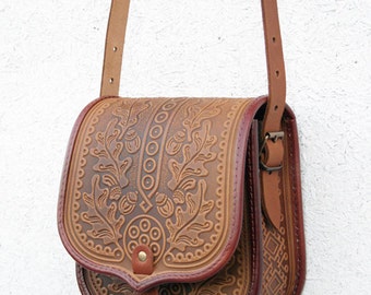 tooled light brown leather bag shoulder bag crossbody bag