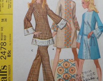 Dress with Long Bell Sleeves, Top or Pants in Size 14 Uncut/FF with Embroidery Transfer Vintage 1970s McCall's Sewing Pattern 2478 Boho Look