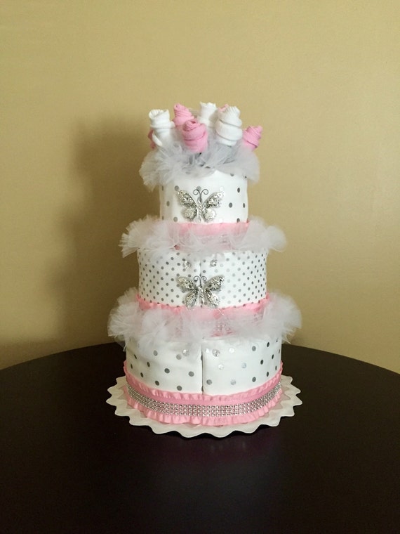 baby 1 shower tier cake girl Cake Sock Burp Bling Baby Tier Cloth and Bouquet 3 Butterflies