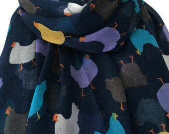 Navy blue Chicken Print Scarf, Large Chickens Scarf , Purple Yellow White Hen Hens Wrap