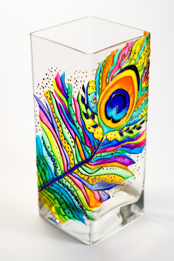 Vase Peacock Feather Bud Vase Hand Painted Glass Vase