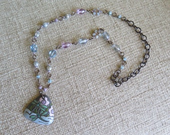 dragonfly necklace, pale blue and lavender necklace, pale blue and brown necklace, pale blue and mauve necklace, holiday gift, antique brass