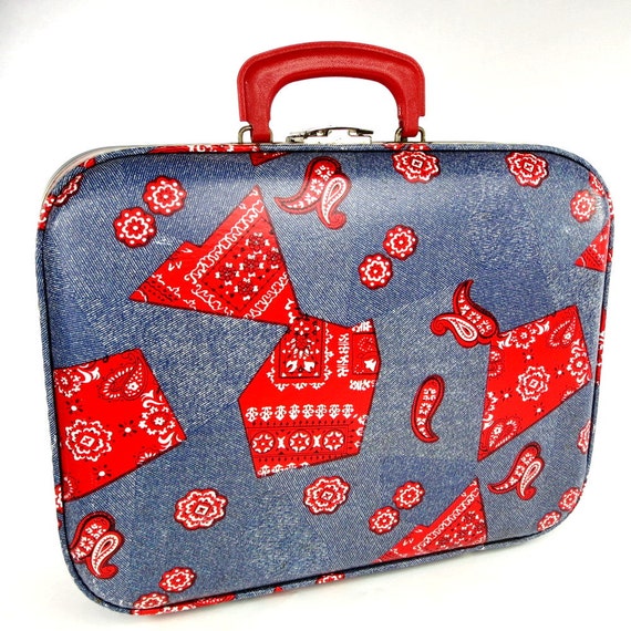 Vintage Retro Suitcase Overnight Hard Case Blue Denim and Red