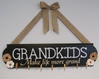 Grandkids Make life grand Sign - Grandkids- Grandchildren Sign -Painted Wood Sign -Burlap Flower Sign -Rustic Home decor - Grandparents gift
