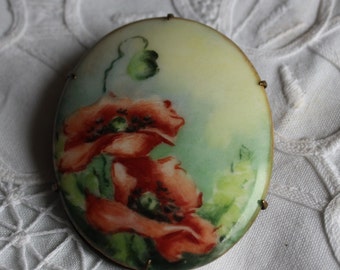 Antique porcelain, hand-painted brooch, with poppies, item #1915