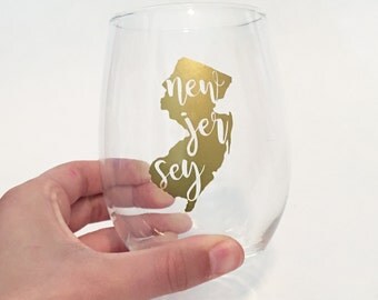 Custom City / State Outline with State Initials Abbreviation in Script Font Stemless Wine Glasses - Gold - New Jersey