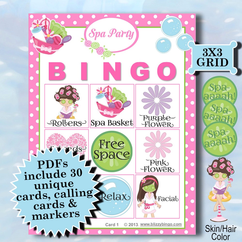 SPA PARTY 3x3 Bingo printable PDFs contain everything you need