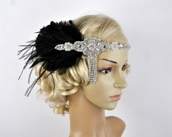 Set Flapper Gatsby, 20's rhinestone pearls art deco headband 1920's Headpiece fascinator, Bridal Headband, earrings, gloves, necklace main image 1