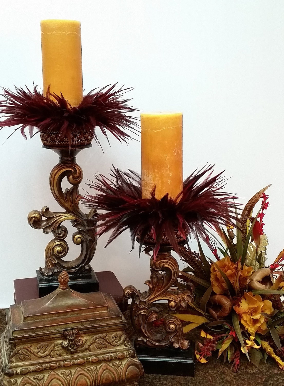 3inch Burgundy Feather Candle Rings SET of 2