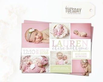 Birth Announcement Card Pink - Birth Announcement Card Girl - New Baby Announcement Card - Baby Picture Announcement - Pink and Green
