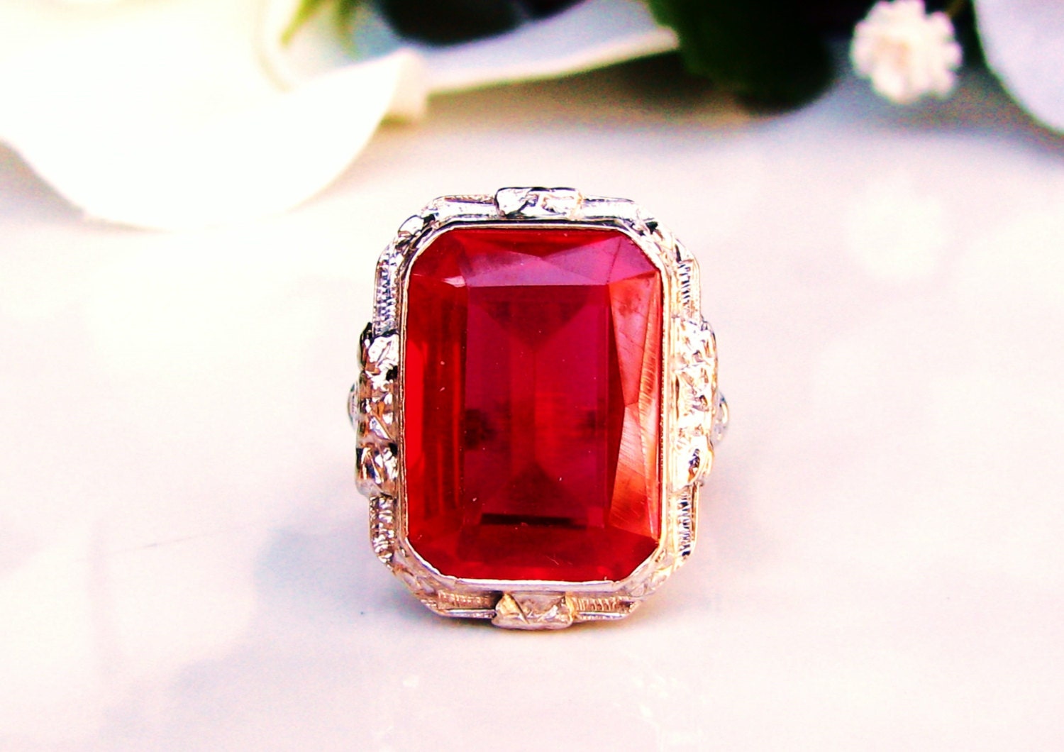 Vintage Emerald Cut Ruby Ring Large 14.00ct Synthetic Ruby