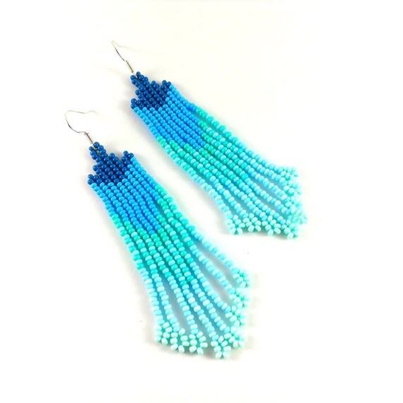 Beaded Earrings In Blue Colors Blue Beadwork Long by Galiga