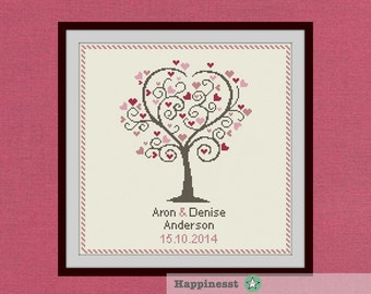 Wedding cross stitch pattern, love tree, customizable, modern pattern, wedding anniversary PDF, DIY ** instant download**