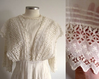 1900s Edwardian Dress / Edwardian Tea Dress / FIne Lawn Fabric / Schifli Lace / XSmall