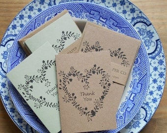 Thank You Note Cards 10pk Thank You Card Set and envelopes MINI cards rustic recycled kraft thank you notes Vintage Shabby Chic Heart Laurel
