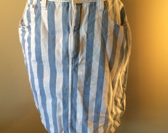 1980's Striped Cotton Skirt // Size 12 Vintage Blue and White Striped Skirt // Mid-length Women's Skirt