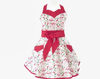Womens Christmas Retro Apron, Red, Green, White, Holiday Hostess Apron, Optional Personalization Sweetheart Neck Apron