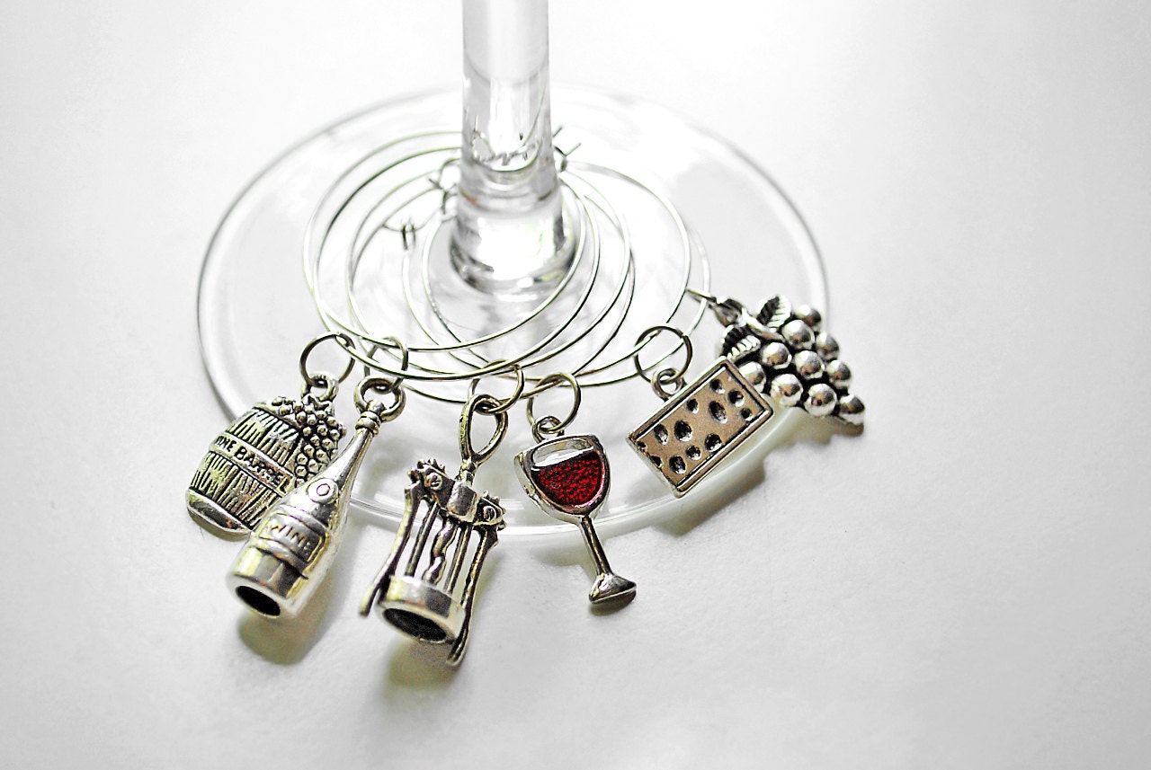 Set of 6 Wine Themed Wine Glass Charms by SensibleStyle on Etsy