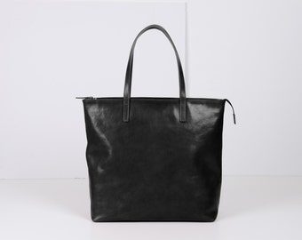 Large Top Zip Black Leather Tote - LEA Handmade Black Leather Tote Bag