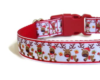 Red Reindeer Dog Collar - Christmas Dog Collar (Buckle or Martingale)