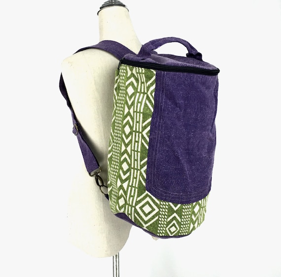 Aztec Tubular Backpack, Cute Cylinder Backpack, Weekender Bucket Backpack, Hippie Hiking Travel Backpack, Laundry Bag Backpack, Green Purple
