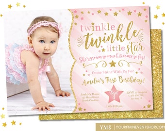 Twinkle Twinkle Little Star Birthday Invitation, Twinkle Twinkle Invite With Photo, Pink and Gold Star, First Birthday, 1st Birthday