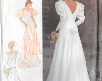Wedding dress pattern with front and back V necklines, long or flutter sleeves in Misses' sizes 6-16 Style 2258 UNCUT & FF (1992) K0511